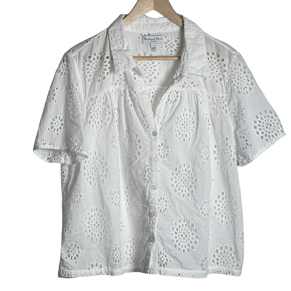 Michael‎ Stars Eyelet Lace Short Sleeve Collared Button Up Shirt Size Large